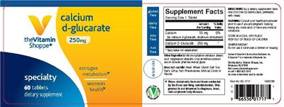 Photo of the The Vitamin Shoppe Calcium D-Glucarate 250 mg label