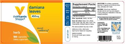 Photo of the The Vitamin Shoppe Damiana Leaves 450 mg label