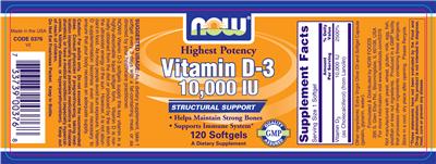 Photo of the NOW Vitamin D-3 10,000 IU label