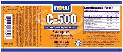 Photo of the NOW C-500 Complex With Bioflavonoids, Acerola & Rose Hips label