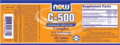 Photo of the NOW C-500 Complex With Bioflavonoids, Acerola & Rose Hips label