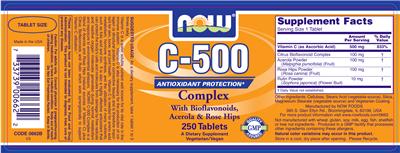 Photo of the NOW C-500 Complex With Bioflavonoids, Acerola & Rose Hips label