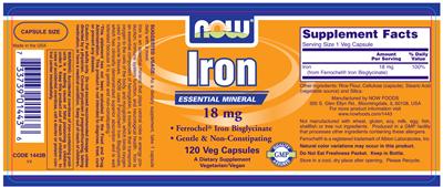 Photo of the NOW Iron 18 mg label
