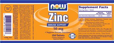 Photo of the NOW Zinc 50 mg label