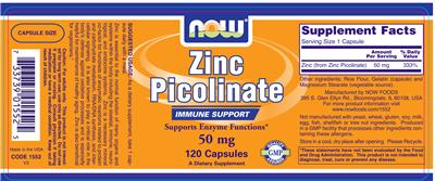 Photo of the NOW Zinc Picolinate 50 mg label