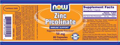 Photo of the NOW Zinc Picolinate 50 mg label