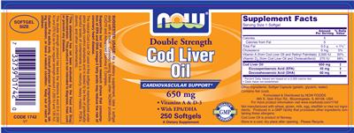 Photo of the NOW Double Strength Cod Liver Oil 650 mg label
