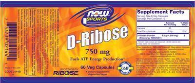 Photo of the NOW Sports D-Ribose 750 mg label