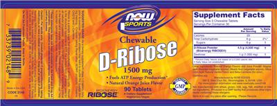Photo of the NOW Sports Chewable D-Ribose 1500 mg Natural Orange Juice Flavor label