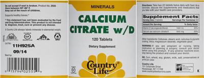 Photo of the Country Life Calcium Citrate W/D label