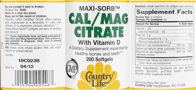 Photo of the Country Life Maxi-Sorb Cal/Mag Citrate With Vitamin D label
