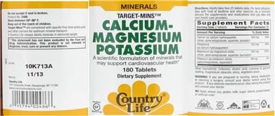 Photo of the Country Life Target-Mins Calcium-Magnesium Potassium label