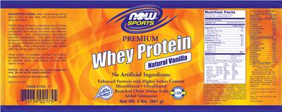 Photo of the NOW Sports Premium Whey Protein Natural Vanilla label