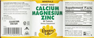 Photo of the Country Life Target-Mins Calcium Magnesium Zinc label