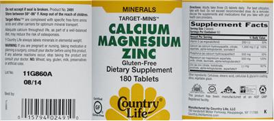 Photo of the Country Life Target-Mins Calcium Magnesium Zinc label