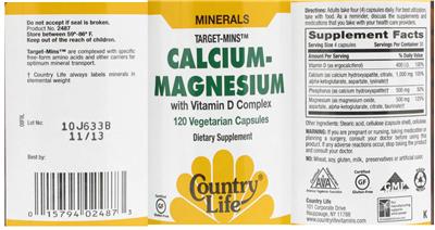 Photo of the Country Life Target-Mins Calcium-Magnesium With Vitamin D Complex label