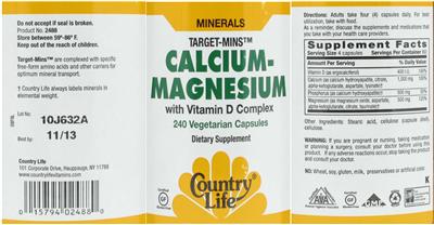Photo of the Country Life Target-Mins Calcium-Magnesium With Vitamin D Complex label