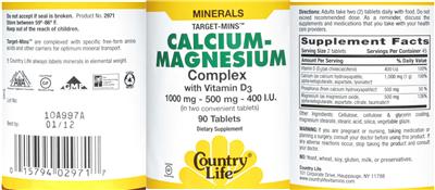 Photo of the Country Life Target-Mins Calcium-Magnesium Complex With Vitamin D3 label
