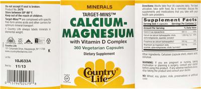 Photo of the Country Life Target-Mins Calcium-Magnesium With Vitamin D Complex label