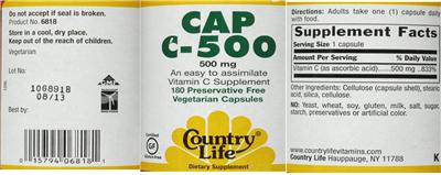 Photo of the Country Life Cap C-500 500 mg label