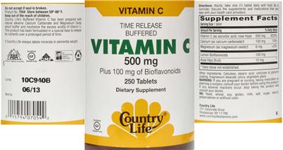 Photo of the Country Life Time Release Buffered Vitamin C 500 mg label