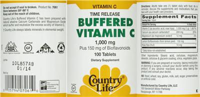 Photo of the Country Life Time Release Buffered Vitamin C 1,000 mg label