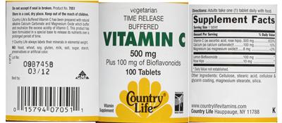 Photo of the Country Life Time Release Buffered Vitamin C 500 mg label