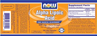 Photo of the NOW Alpha Lipoic Acid 600 mg - Extra Strength label