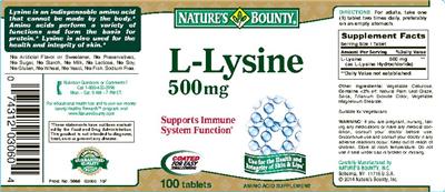 Photo of the Nature's Bounty L-Lysine 500 mg label