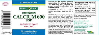 Photo of the Nature's Bounty High Potency Calcium 600 label