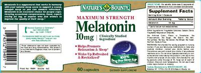 Photo of the Nature's Bounty Maximum Strength Melatonin 10 mg label