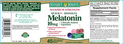 Photo of the Nature's Bounty Melatonin 10 mg Cherry Flavored label