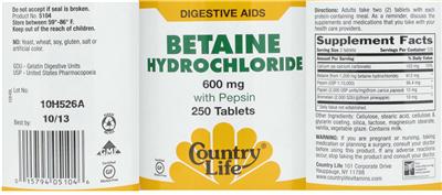 Photo of the Country Life Betaine Hydrochloride 600 mg With Pepsin label