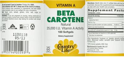 Photo of the Country Life Beta Carotene label