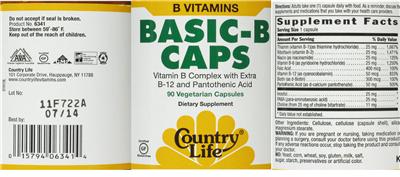 Photo of the Country Life Basic-B Caps Vitamin B Complex With Extra B-12 And Pantothenic Acid label