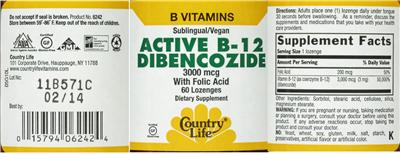 Photo of the Country Life Active B-12 Dibencozide 3000 mcg with Folic Acid label