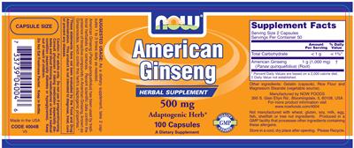 Photo of the NOW American Ginseng 500 mg label