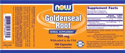 Photo of the NOW Goldenseal Root 500 mg label