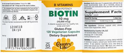 Photo of the Country Life High Potency Biotin 10 mg (10,000 mcg) label