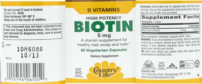 Photo of the Country Life High Potency Biotin 5 mg label