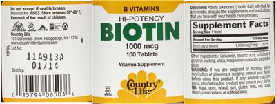 Photo of the Country Life Hi-Potency Biotin 1000 mcg label