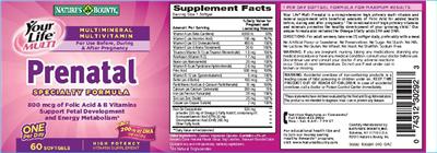 Photo of the Nature's Bounty Your Life Multi Prenatal Specialty Formula label