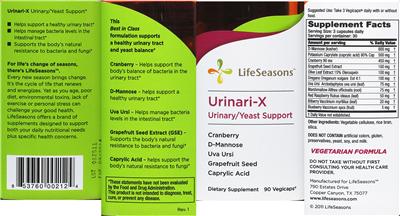 Photo of the LifeSeasons Urinari-X Urinary/Yeast Support label