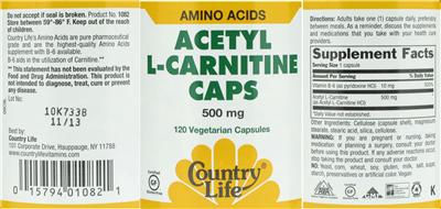 Photo of the Country Life Acetyl L-Carnitine Caps 500 mg label