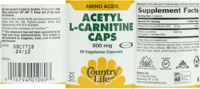 Photo of the Country Life Acetyl L-Carnitine Caps 500 mg label