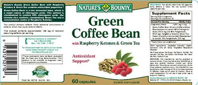 Product label for Green Coffee Bean with Raspberry Ketones & Green Tea