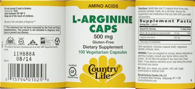 Photo of the Country Life L-Arginine Caps 500 mg label