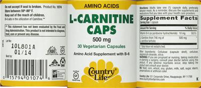 Photo of the Country Life L-Carnitine Caps 500 mg label