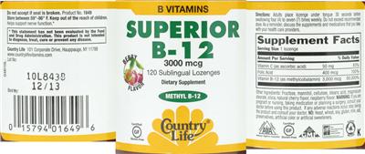 Photo of the Country Life Superior B-12 3000 mcg Berry Flavor label