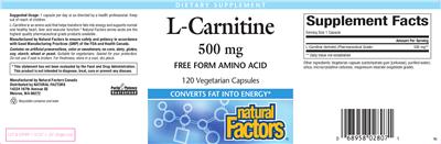 Photo of the Natural Factors L-Carnitine 500 mg label